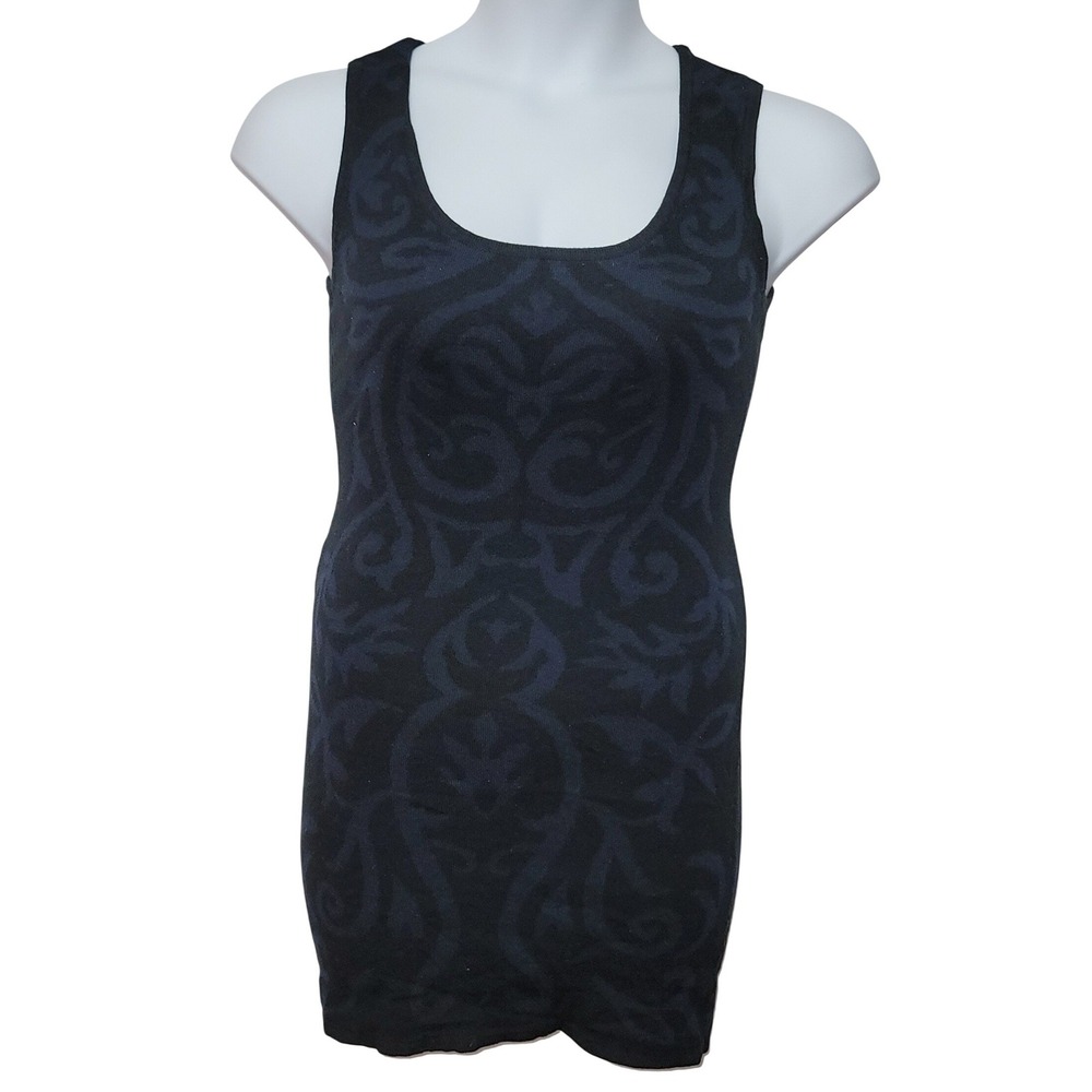 Jealous Tomato Black Blue Damask Ribbed Knit Dress L Y2K Bodycon Whimsigoth Chic